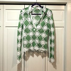 Pink Ripple Crochet top. Green and white.